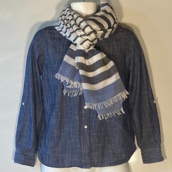 Blue & White stripe semi sheer 32x81 scarf or wrap nautical beachy resort denim - Picture 2 of 6